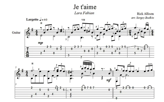 Je t'aime (Lara Fabian) for guitar