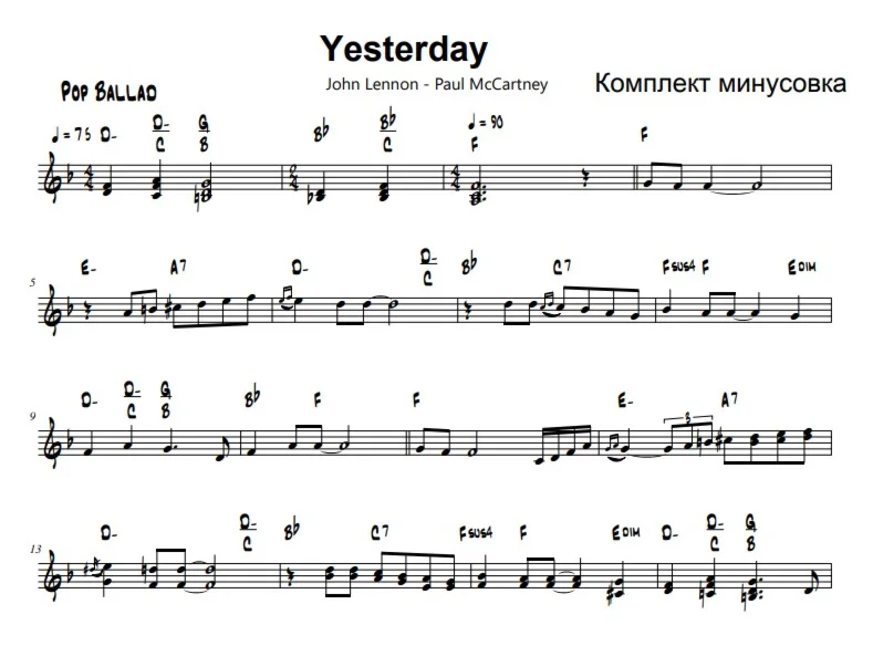 Yesterday -Beatles (sheet music and backing track for a