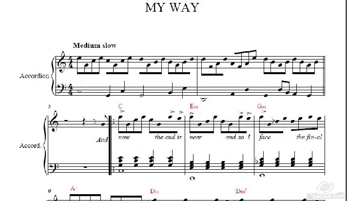 My Way sheet music for accordion (Frank Sinatra)