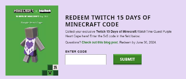 🔥 MINECRAFT ✦ Purple Heart Cape ✦SKIN✦CODE✦ ITEM + 🎁