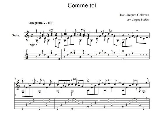 Comme toi (Jean-Jacques Goldman) notes for guitar