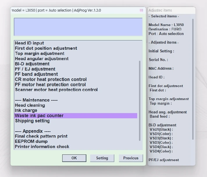 EPSON AdjProg Reset L3050 L3070