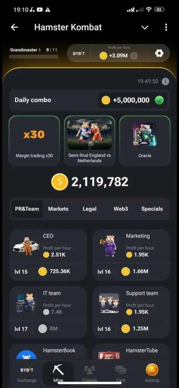 Аккаунт Hamster Kombat 2.5 миллиона монет в час