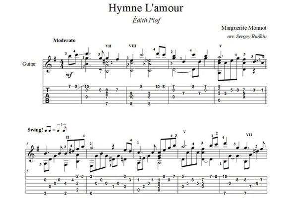 Hymne L'amour (Edith Piaf) guitar notes