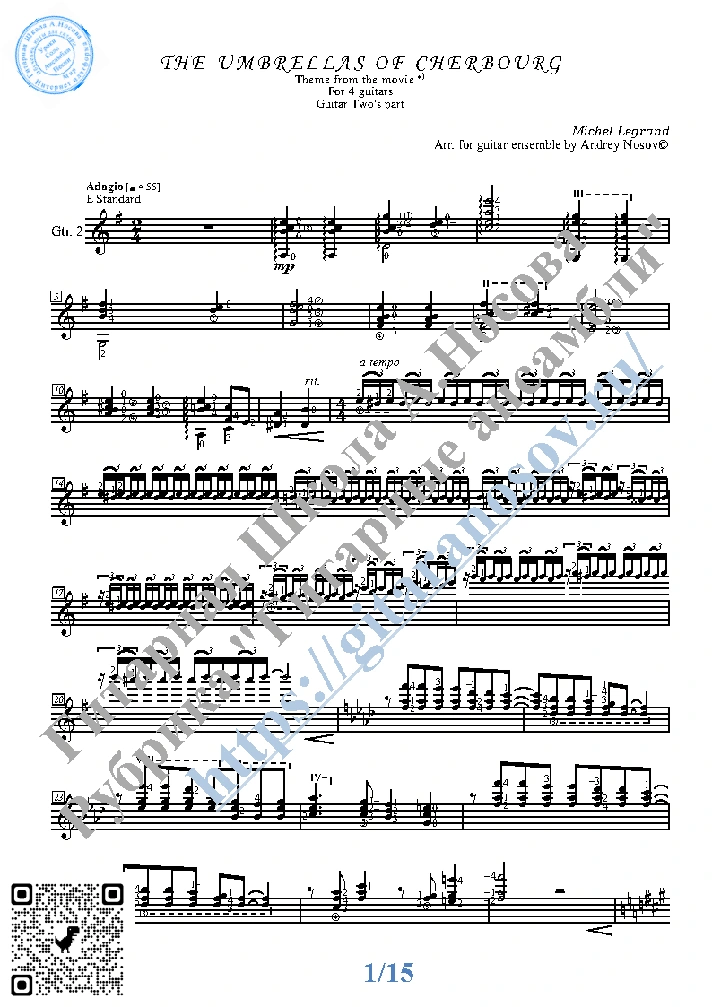 Les Parapluies de Cherbourg (Sheet Music for 4 guitars)