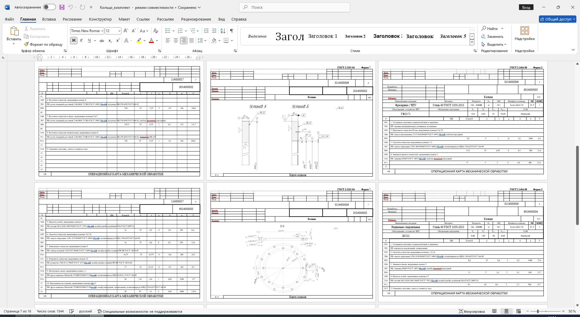 A set of technological documentation for the ring part