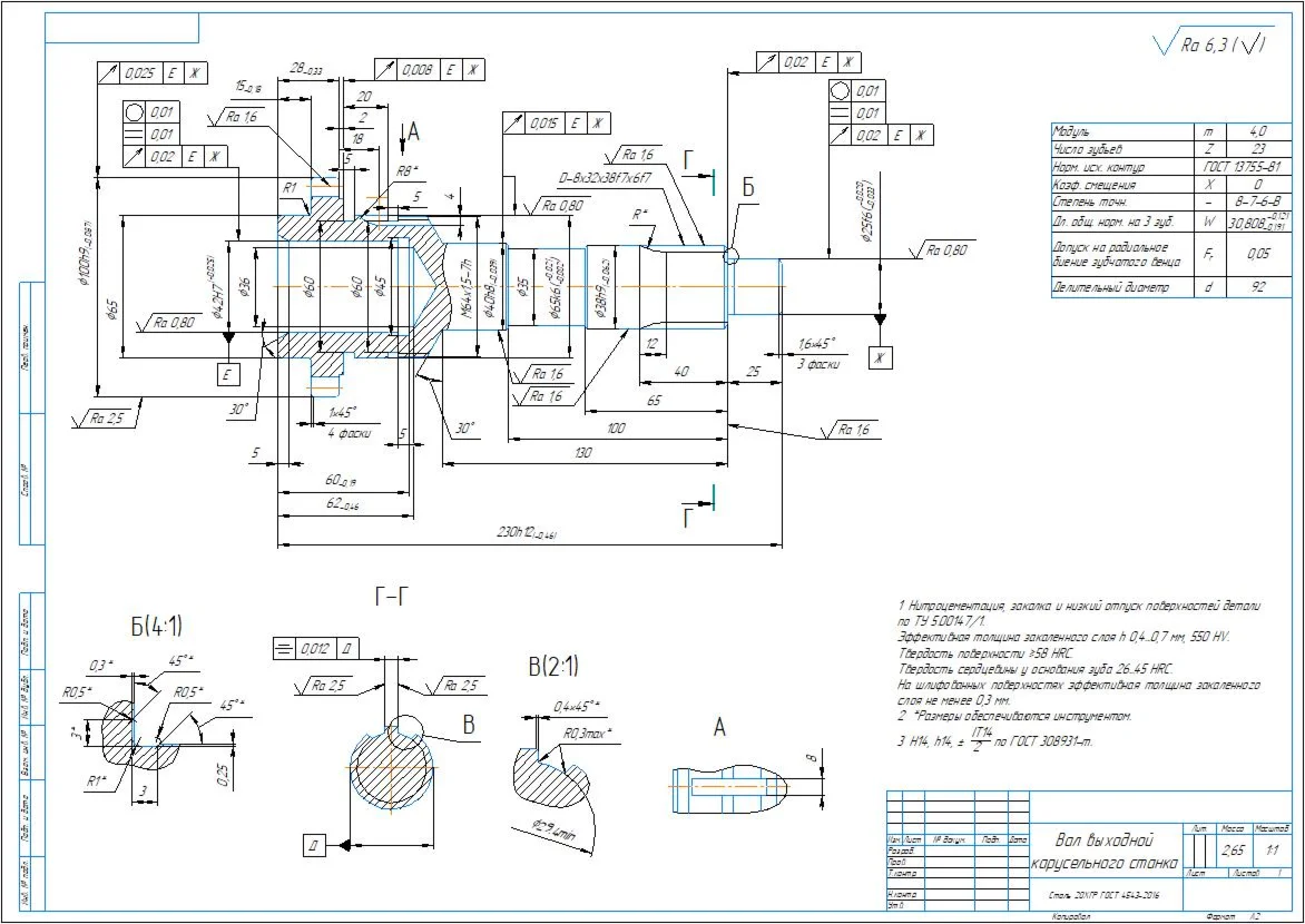 Part drawing of the output shaft of a rotary machine