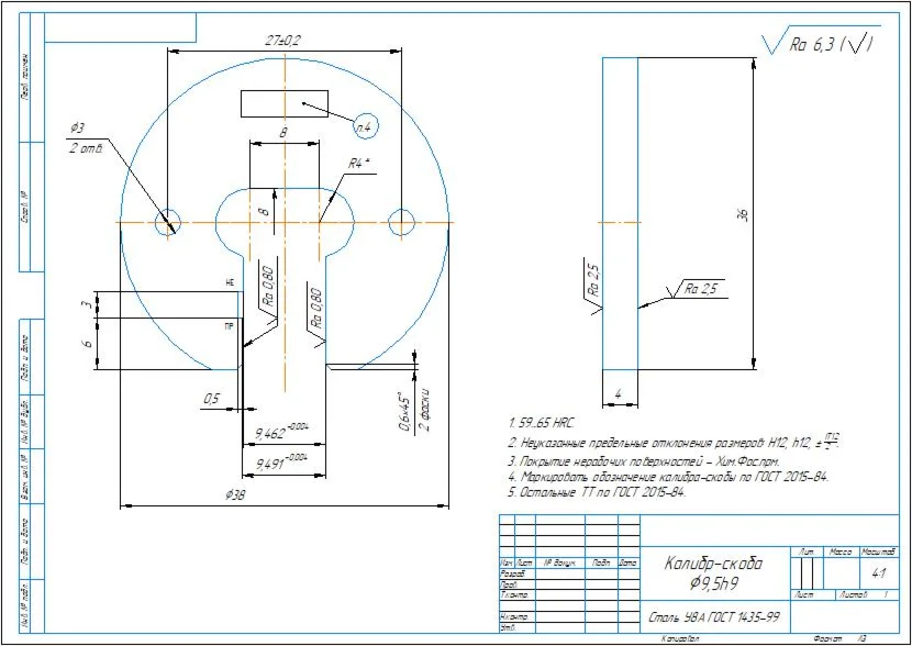 Drawing of a clamp gauge for control size 9.5h9