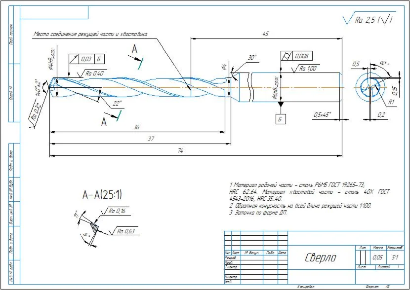 Drawing of a twist drill with a diameter of 4 mm in a c