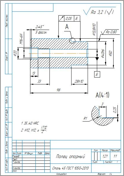 Drawing and 3D model of the detail of the support finge