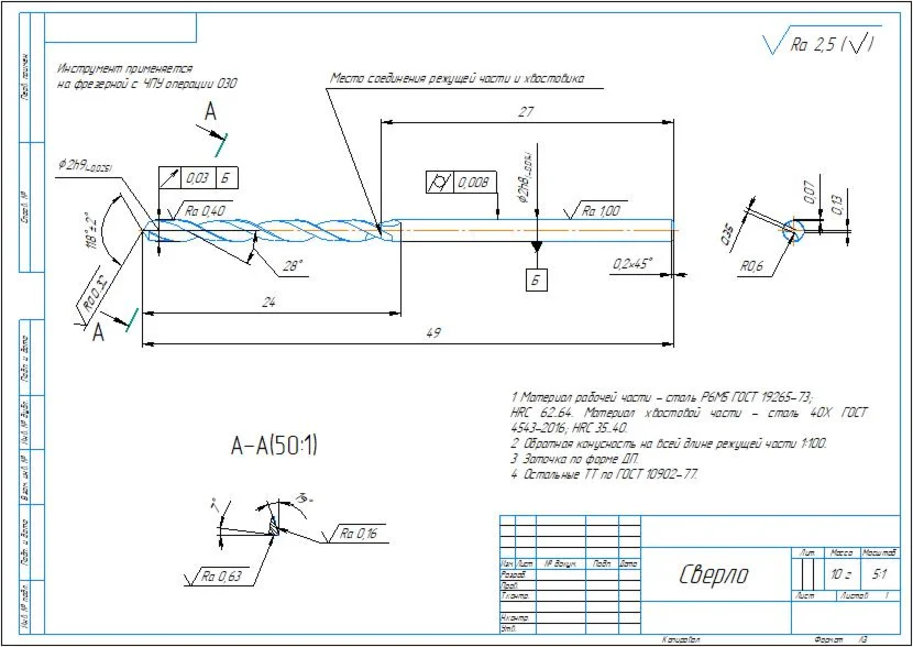 Drawing of a twist drill with a diameter of 2 mm in a c