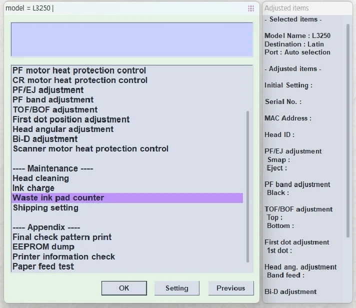 EPSON AdjProg Reset L1210 L3210 L3250 L3251 L3260 L5290