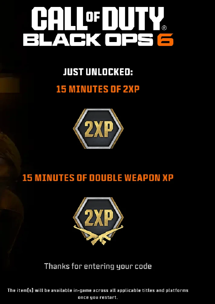 🔑15 Min Weapon XP+15 Min Double XP⭐BLACK OPS 6⭐