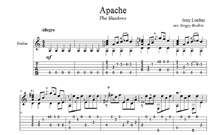 Apache (The Shadows) guitar notes