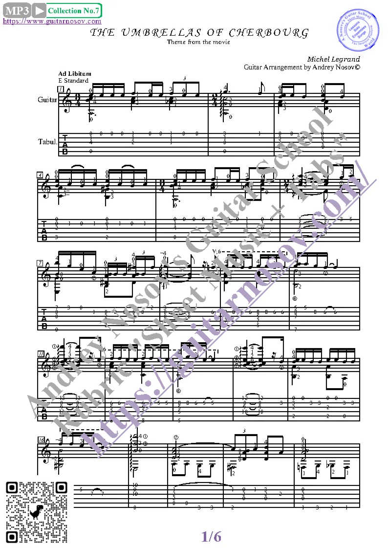 Шербурские зонтики (Ноты, Табы, Гитара)