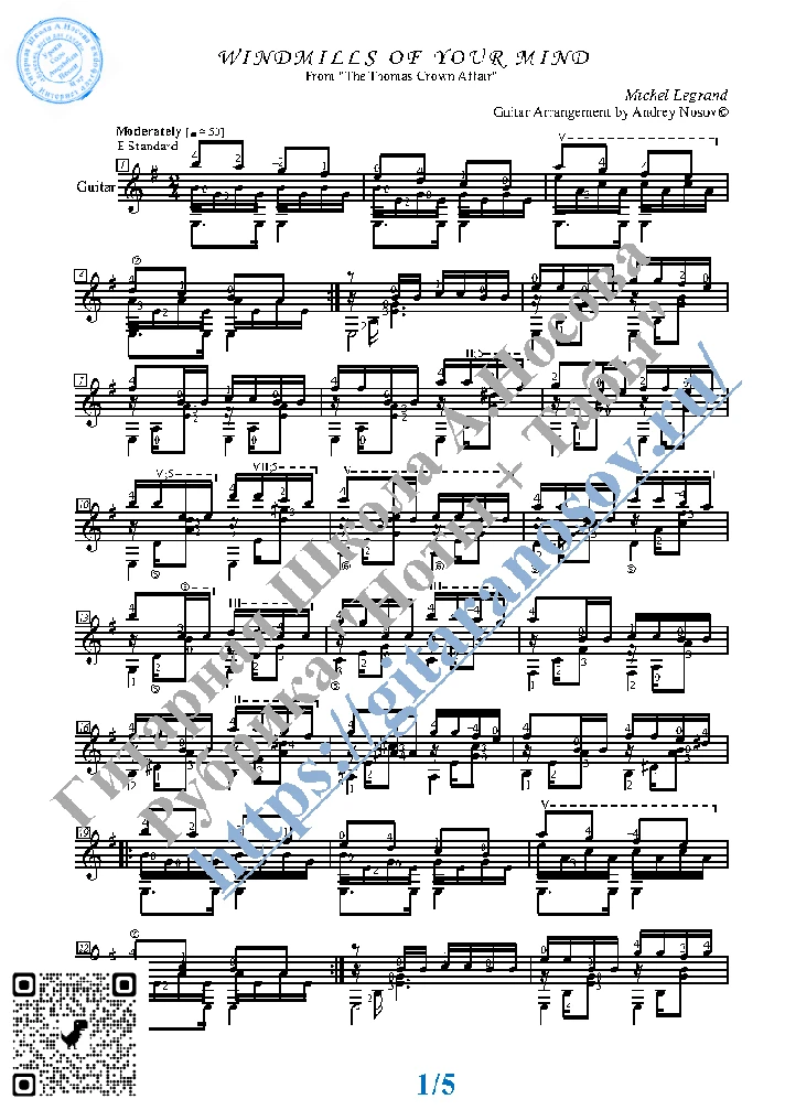 Windmills of Your Mind (Sheet music Tabs Guitar)