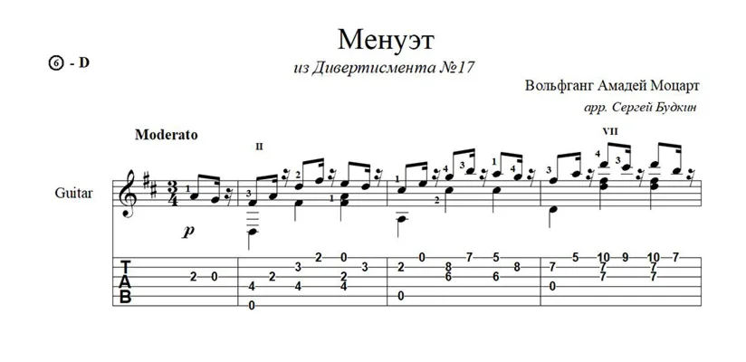 Minuet - Mozart - guitar notes