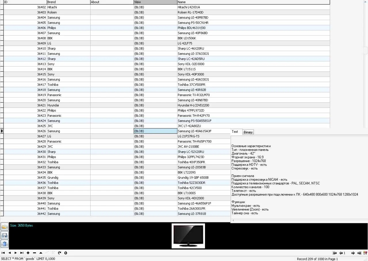 MySql база данных характеристик плазменых панелей