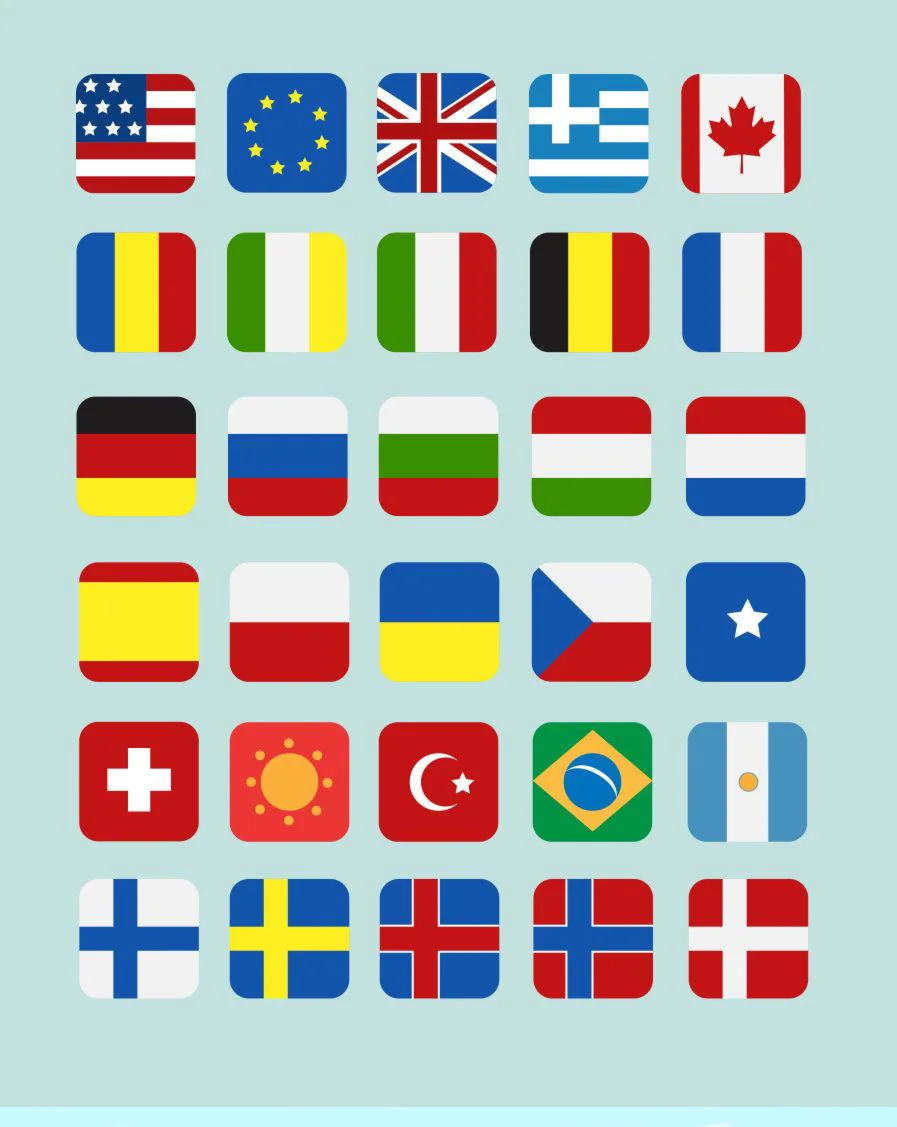 PSD Набор иконок флагов 30 различных стран.