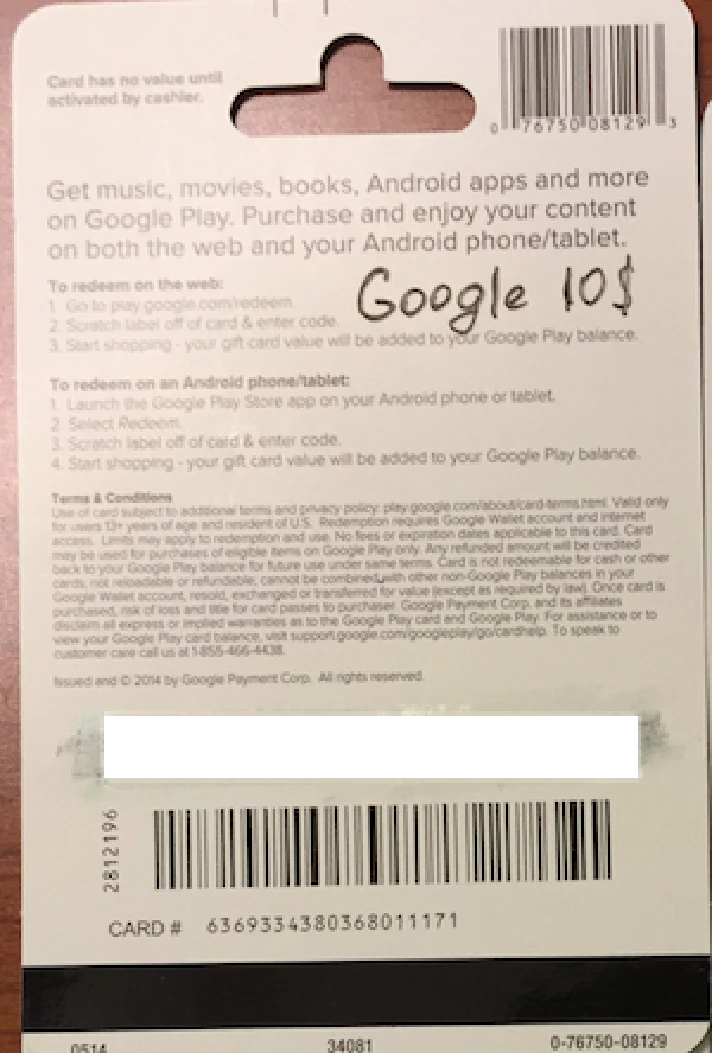 Google Play Gift Card $ 10 (real photo) + DISCOUNT