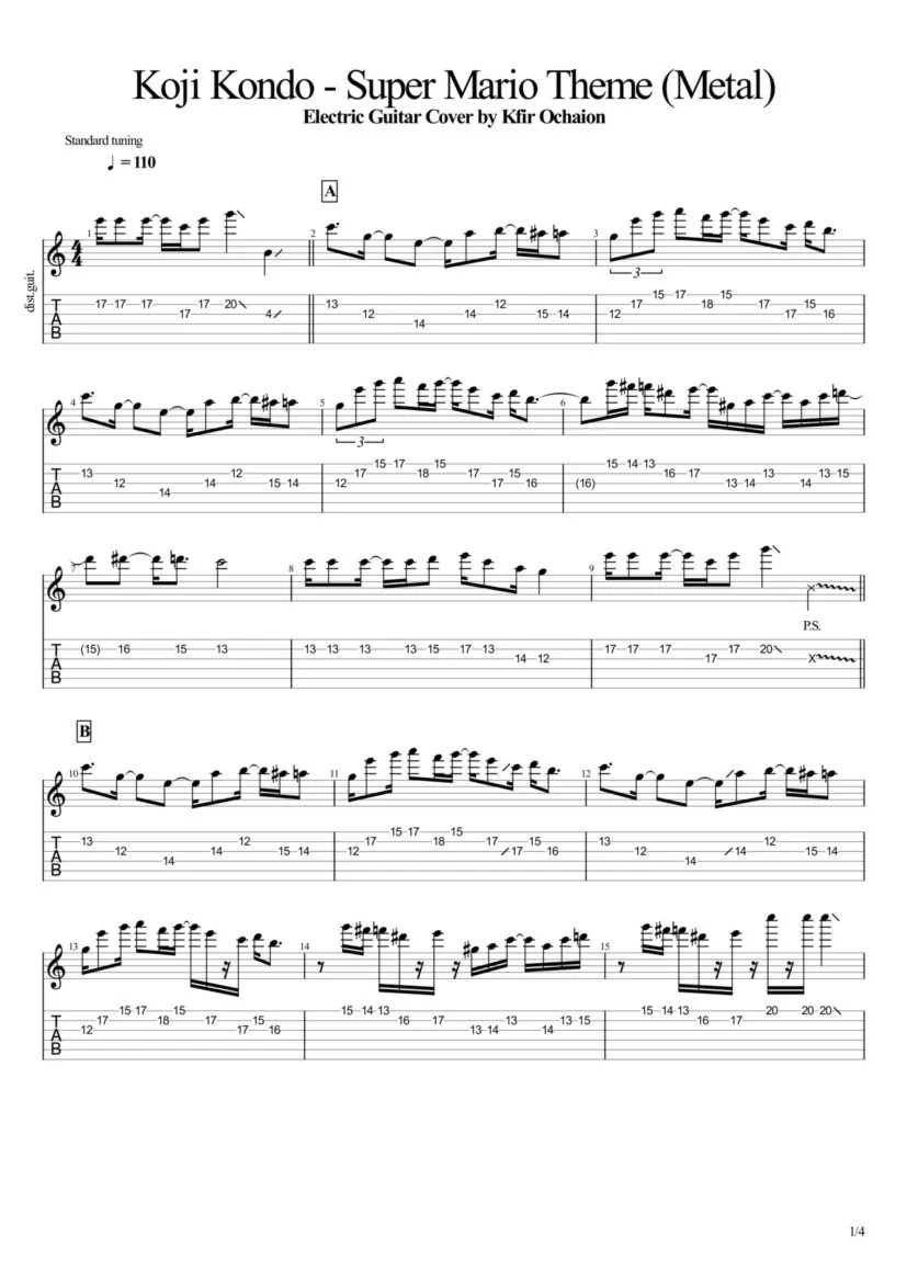 Tabs Kfir Ochaion - Super Mario Theme - Metal Cover tab