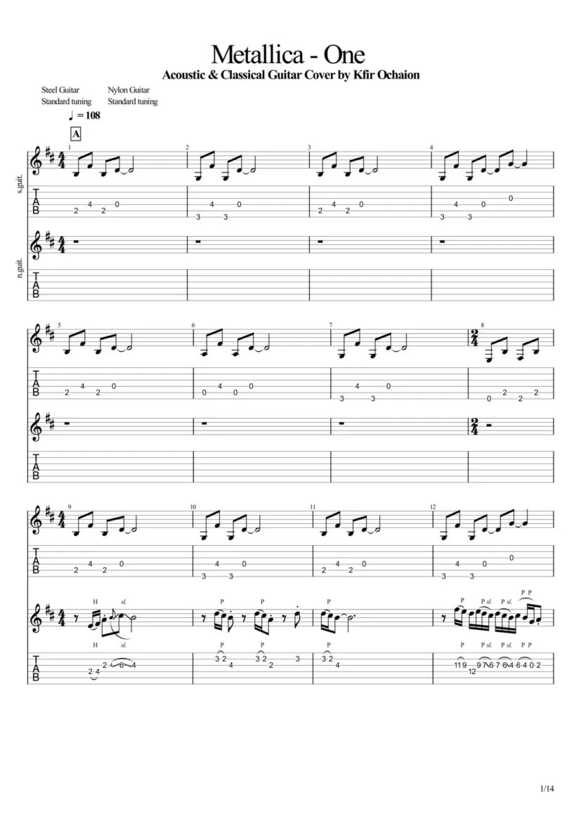 Tabs Kfir Ochaion - Metallica - One - Dual Guitar Cover