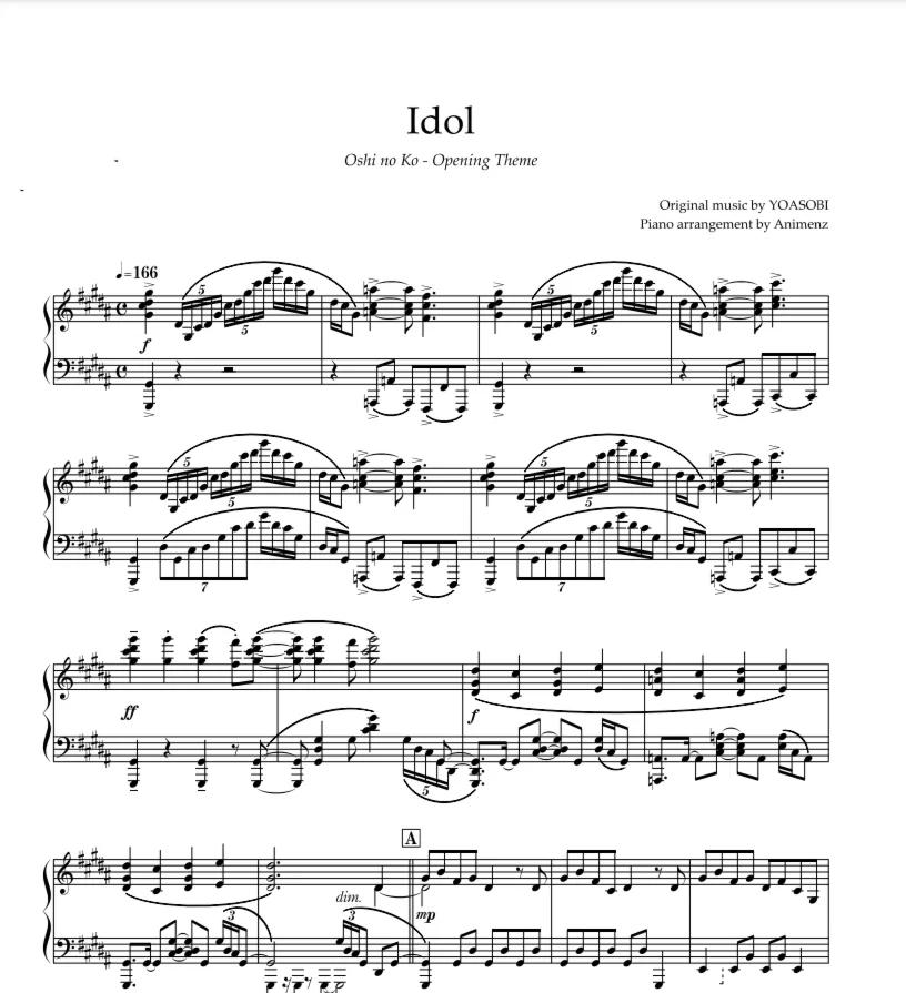 Sheet Animenz - Idol - Oshi no Ko OP [Piano] / YOASOBI