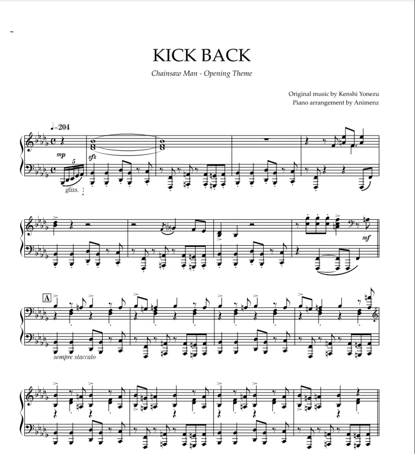 Sheet Animenz - KICK BACK (Chainsaw Man) Kenshi Yonezu