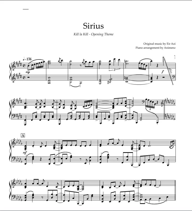 Sheet Animenz - Sirius (Kill la Kill OP1) Eir Aoi