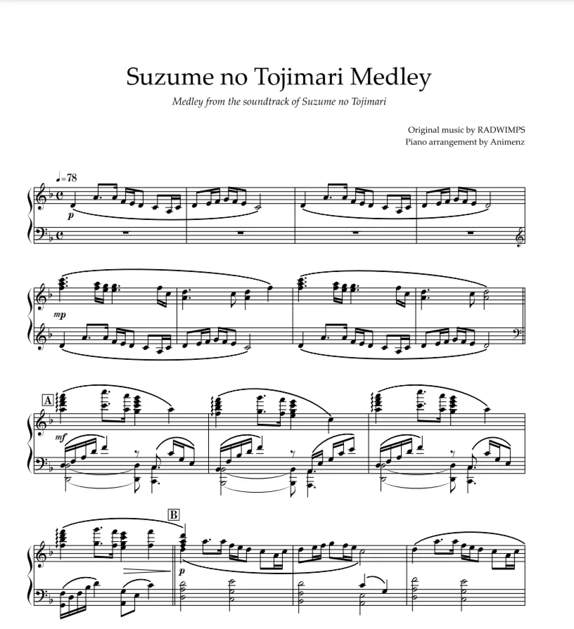 Sheet Animenz - Suzume no Tojimari - Soundtrack Medley