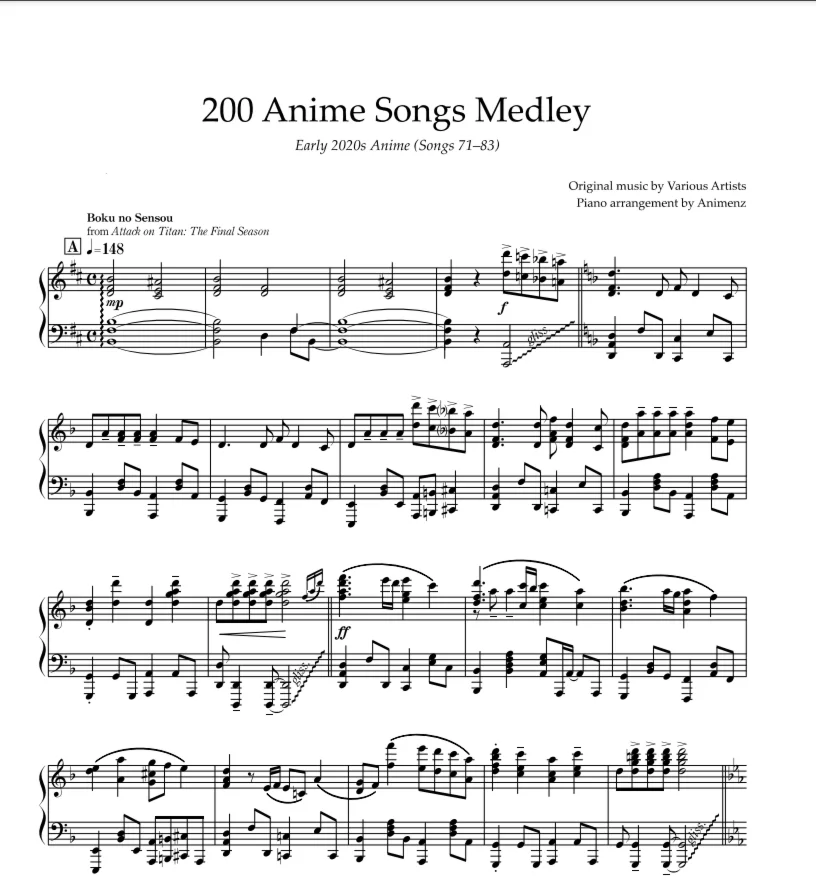 Sheet Animenz - Early 2020s Anime (Songs 71-83)