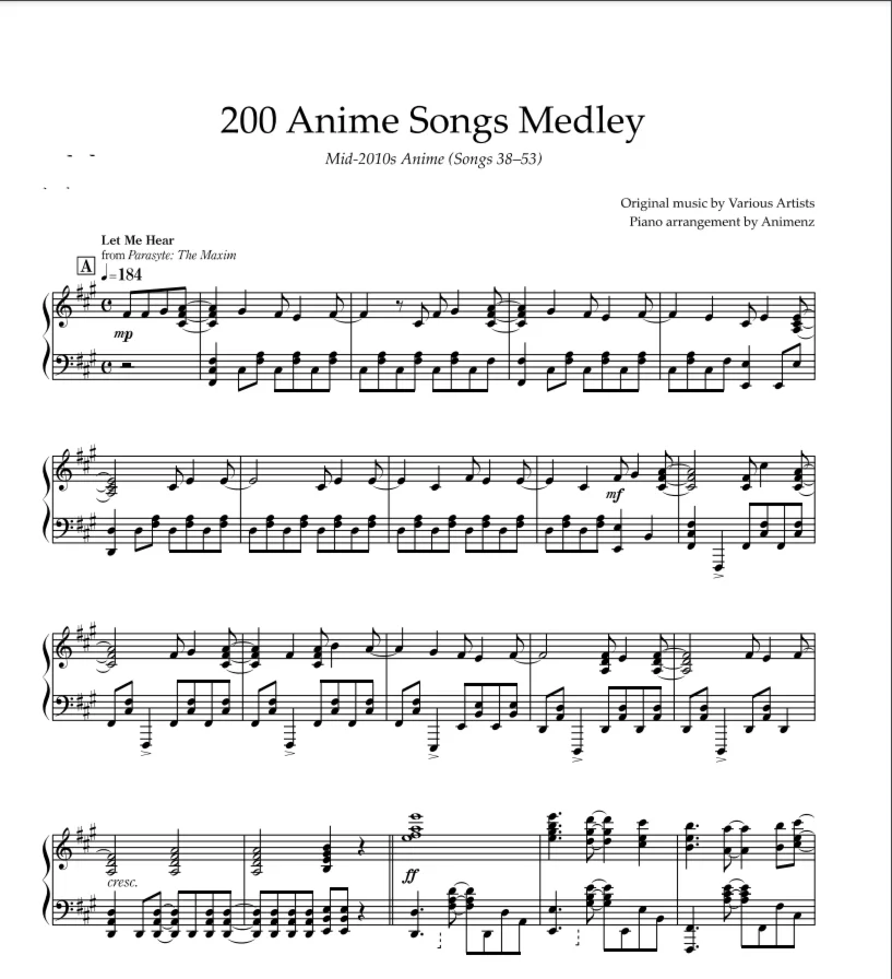 Sheet Animenz - Mid-2010s Anime (Songs 38-53)
