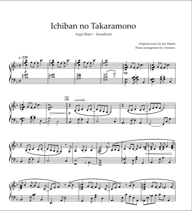 Sheet Animenz - Ichiban no Takaramono - Angel Beats! OS