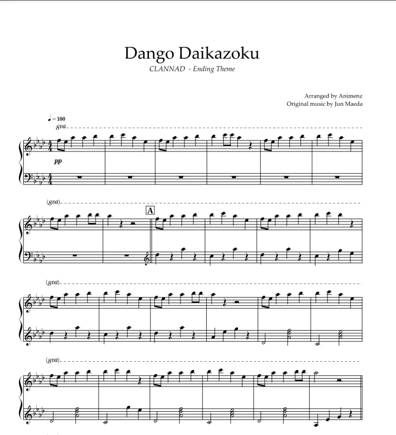 Sheet Animenz - Dango Daikazoku - Clannad ED - Piano