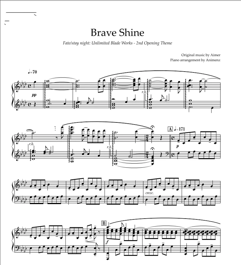 Sheet Animenz - Brave Shine - Fate/stay night OP2