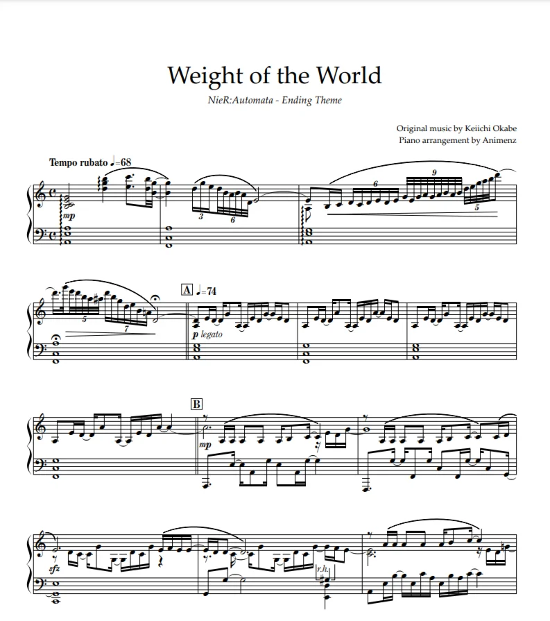 Sheet Animenz - Weight of the World - NieR: Automata ED