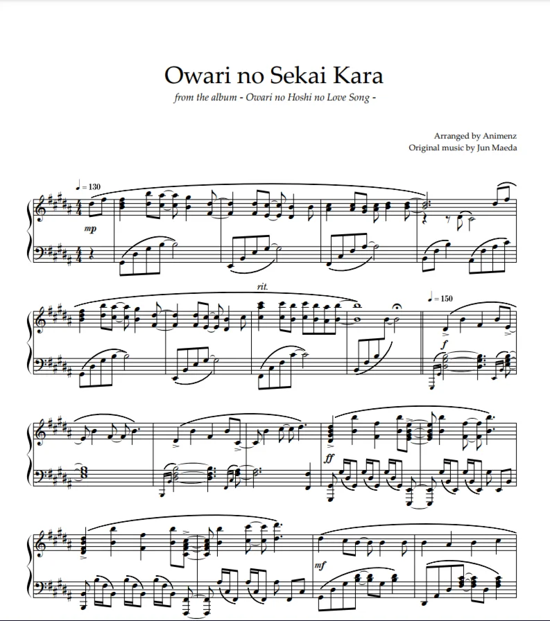 Sheet Animenz - Owari no Sekai kara - Yanagi Nagi