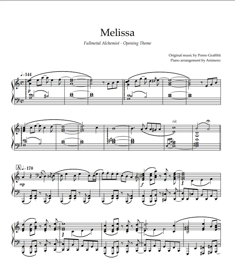 Sheet Animenz - Melissa - Fullmetal Alchemist OP1