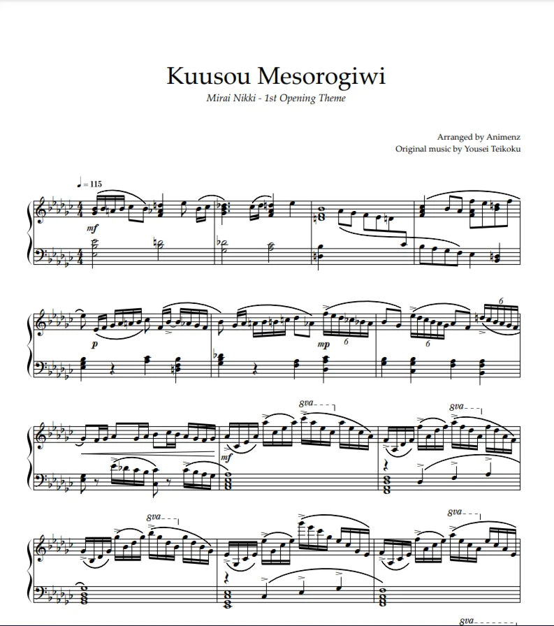 Sheet Animenz - Kuusou Mesorogiwi - Mirai Nikki OP1