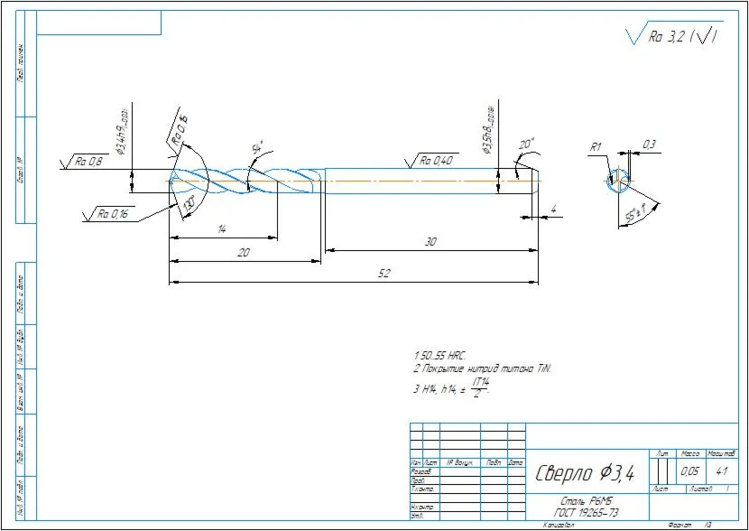 Drawing of a drill d3.4 with a cylindrical shank