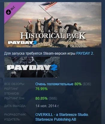 PAYDAY 2: Gage Historical Pack DLC STEAM GIFT РОССИЯ