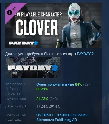 PAYDAY 2: Clover Character Pack DLC STEAM РОССИЯ
