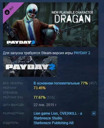 PAYDAY 2: Dragan Character Pack DLC STEAM РОССИЯ