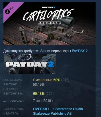 PAYDAY 2: Cartel Optics Mod Pack DLC STEAM РОССИЯ