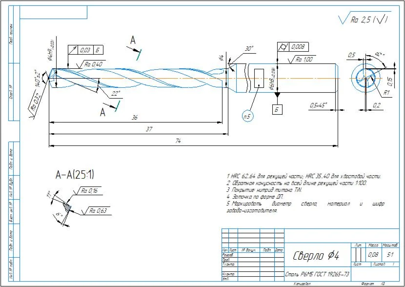 Drawing of a twist drill with a diameter of D4 mm in a