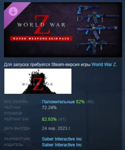 World War Z: Aftermath - Raven Weapons Skin Pack АВТОДОСТАВКА STEAM РОССИЯ