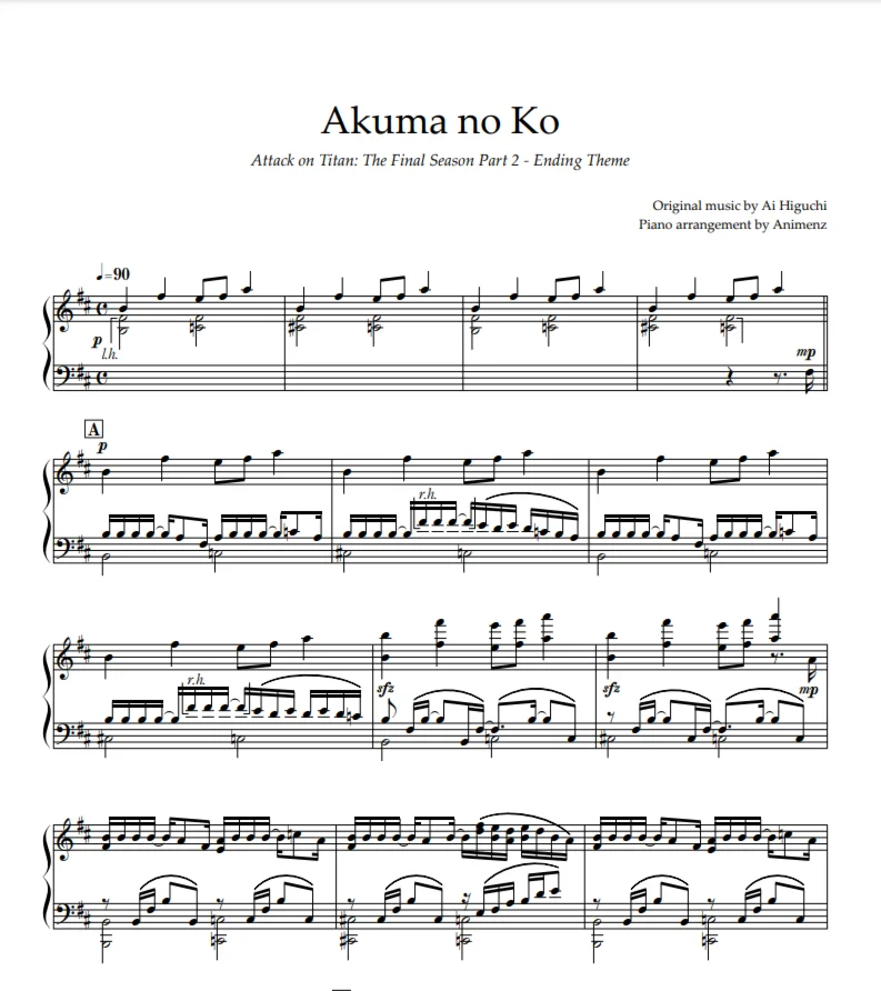 Ноты Animenz - Akuma no Ko – Attack on Titan FinalSeaso