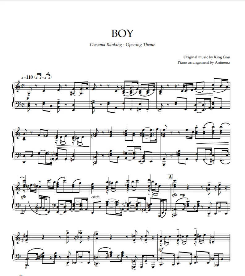 Ноты Animenz - BOY - Ousama Ranking OP1