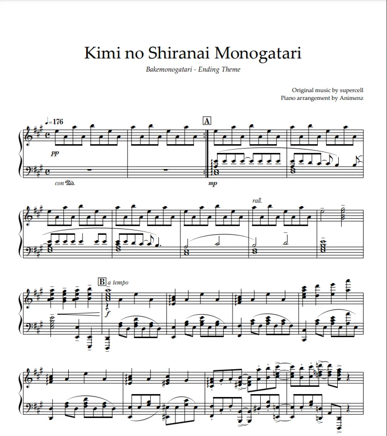 Ноты Animenz - Kimi no Shiranai Monogatari Bakemonogata