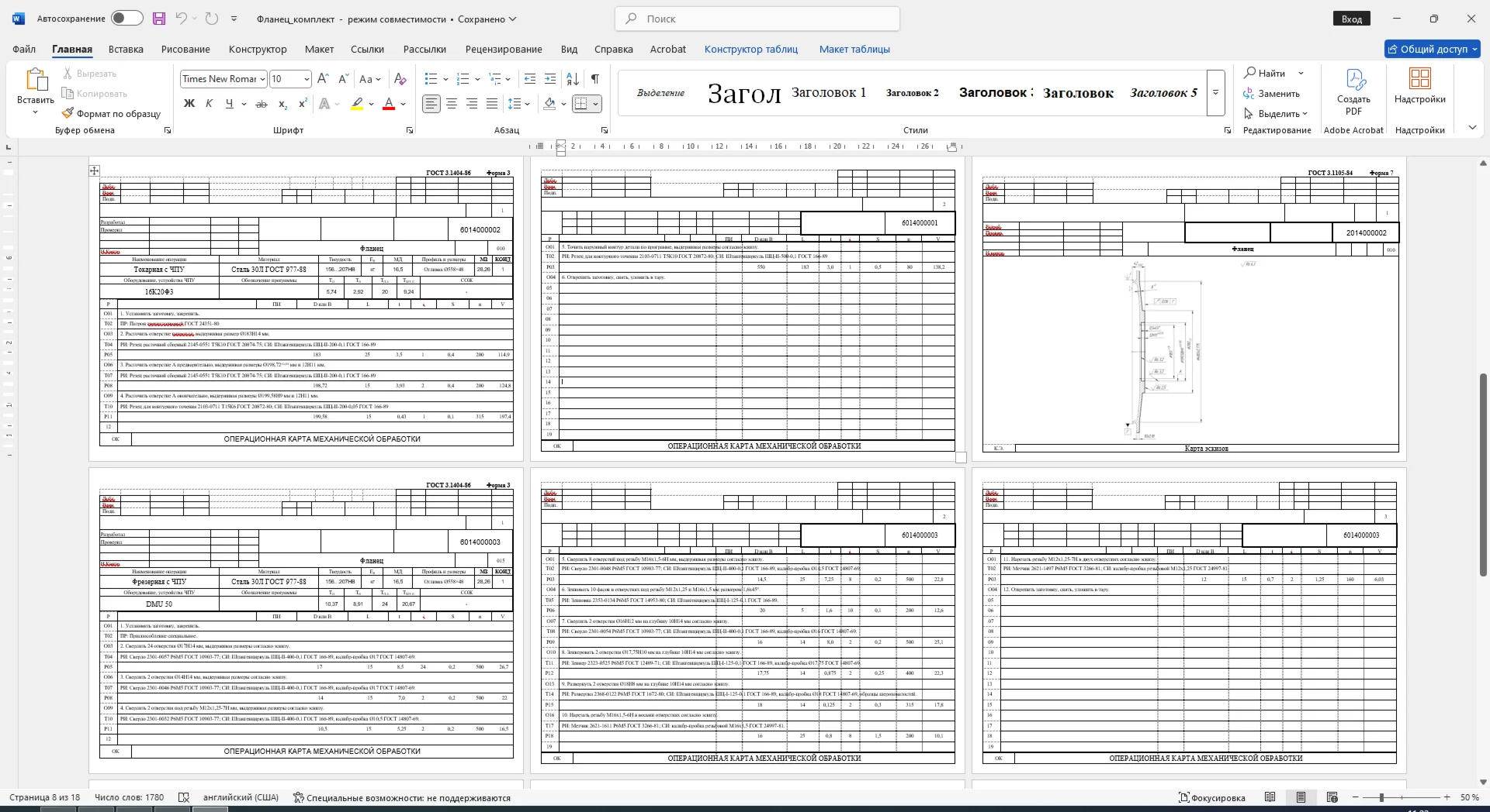 Set of process charts for the part "Flange"
